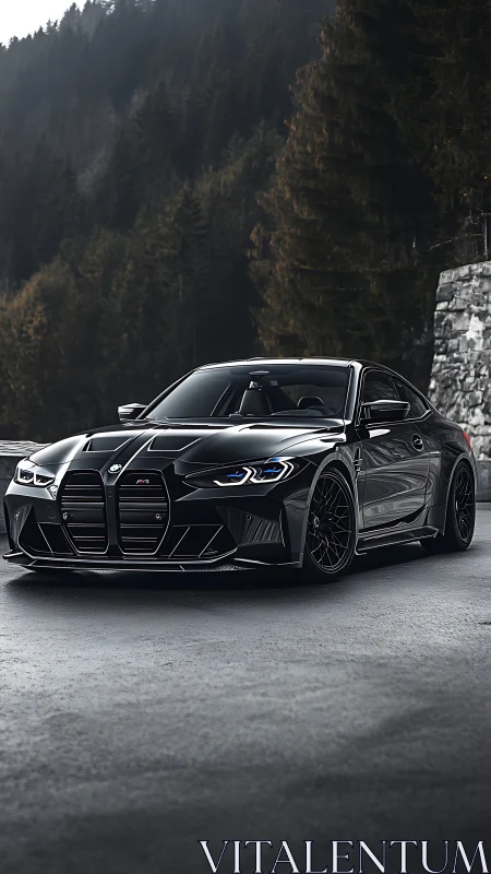 Black BMW sports coupe parked on mountain road in forest setting.