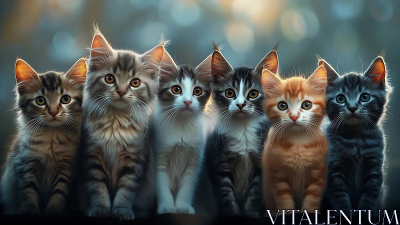 Six kitten portrait study: layered fur texture analysis with golden backlit rim lighting