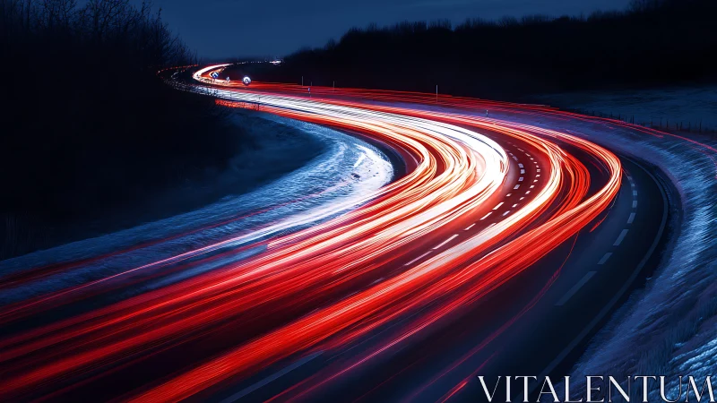 Night highway light trails curve through winter landscape.