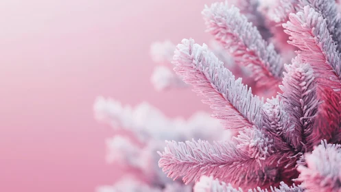 Soft frosted pine branches glow gently in rosy winter light