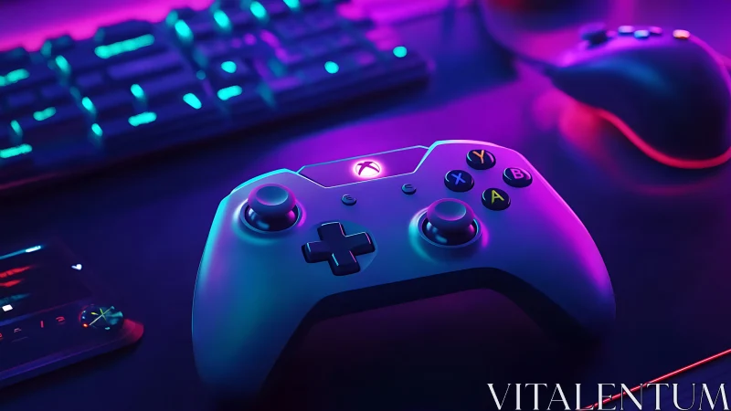 Gaming Controller Glows in Neon Cyberpunk Atmosphere