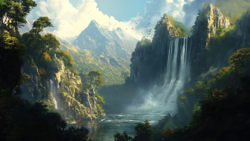 Sunlit mountain gorge frames misty cascade and river basin