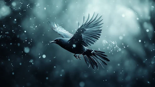 Nocturnal corvid in mid-flight rendered with cinematic bokeh