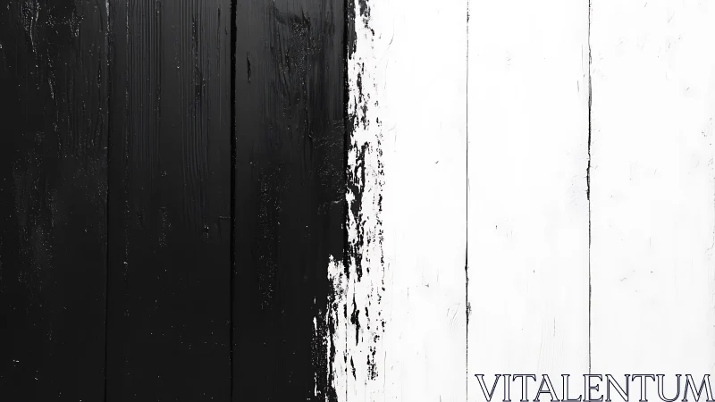 Monochrome split-panel abstraction on textured vertical boards.