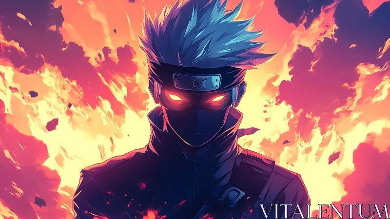 Masked anime warrior amid blazing inferno backdrop.