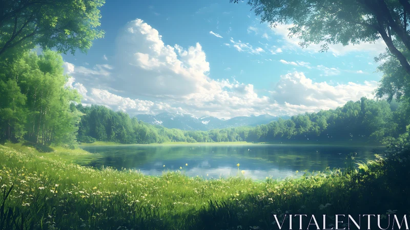 Radiant alpine lake ecosystem under volumetric spring light.