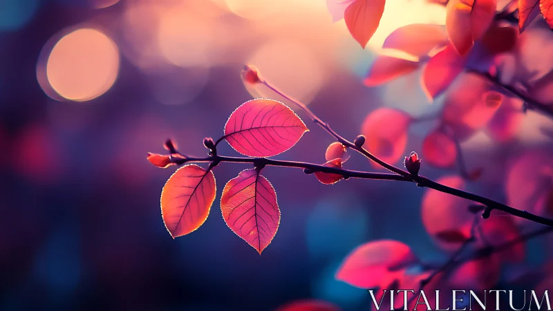 Sunlit pink leaves on branch against blurred bokeh background.