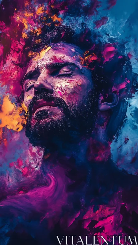 Man’s tranquil face dissolves into vivid abstract nebula.