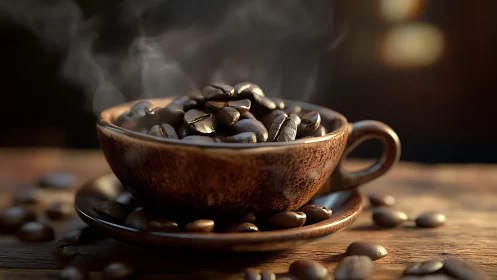 Brown ceramic cup holds roasted coffee beans on saucer surface