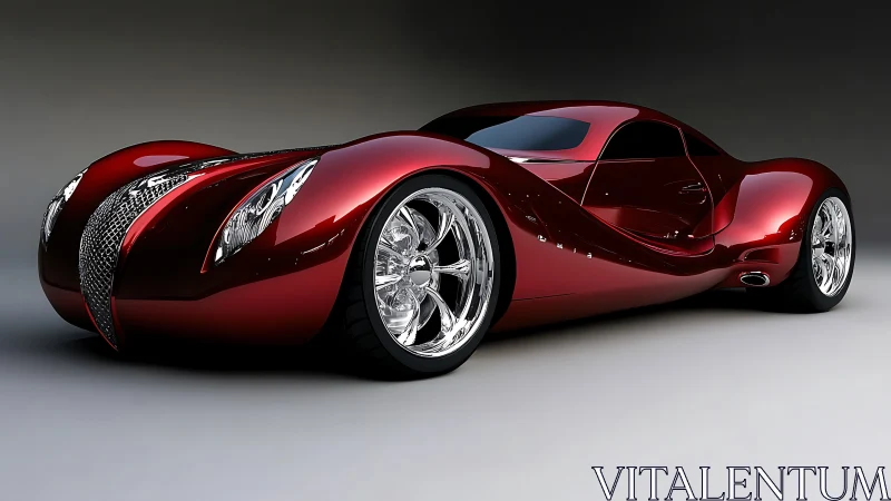 Streamlined 3D concept coupe with reflective chrome wheels and curved body