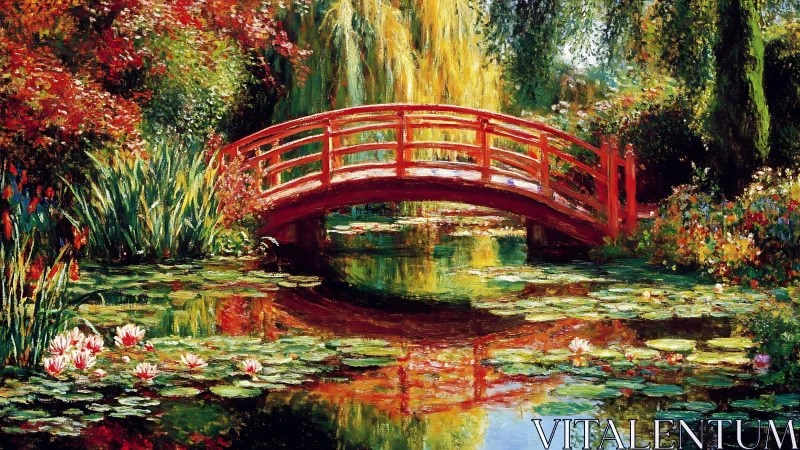 Red garden bridge arches over reflective lily pond.