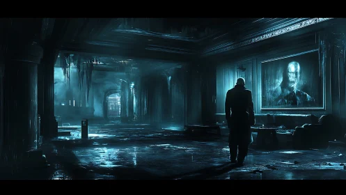 Man in long coat in decayed blue-lit corridor interior.