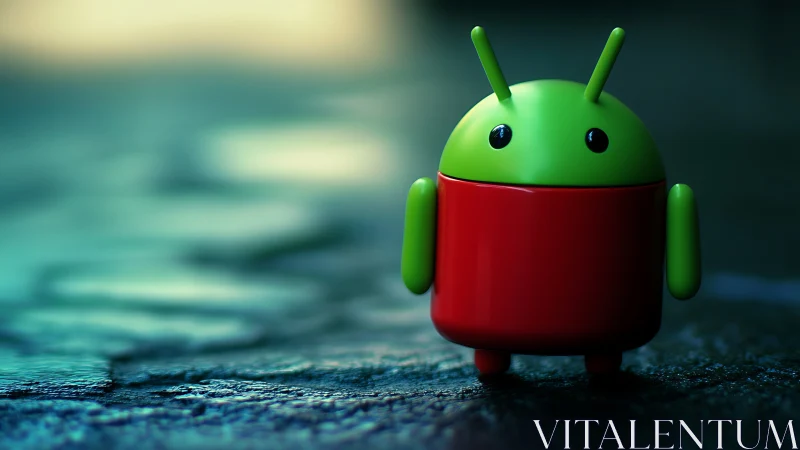 Green robot mascot on wet pavement with cinematic bokeh lighting.