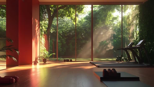 Sunlit home gym opens onto lush garden through glass wall