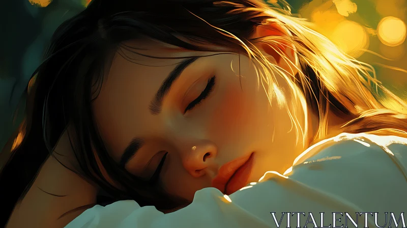 Peaceful close-up portrait of sleeping young woman outdoors.