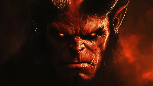 Infernal warlord glares from molten shadows of the abyss.