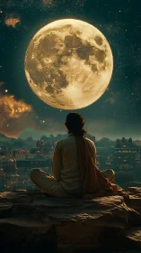 Solitary figure observes oversized moon above illuminated riverside city