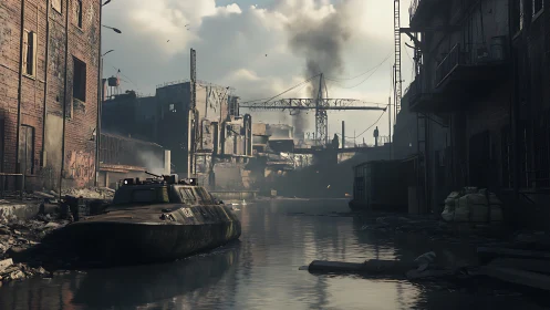 Industrial canal with derelict boat and damaged warehouses