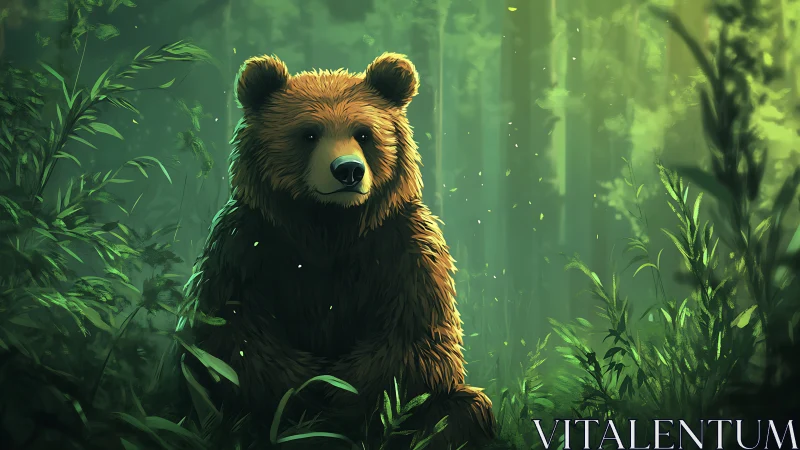 Brown bear sits in dense green forest with soft lighting