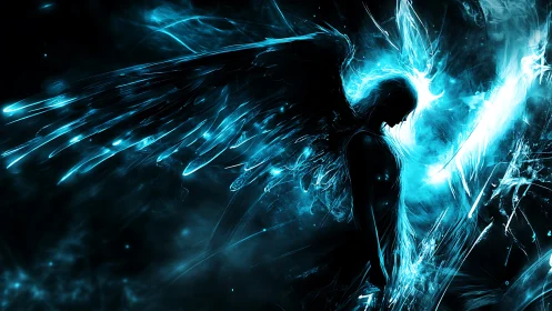 Luminous winged guardian rises from swirling cosmic shadows
