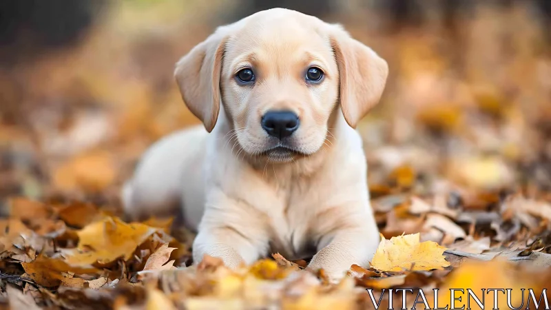 Labrador puppy lies on autumn leaves and looks directly ahead