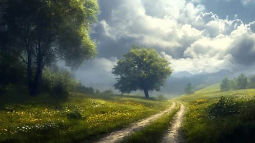 Sunlit country path curves through misty wildflower meadow