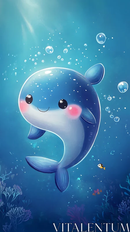 Cute cartoon whale swimming through bright blue ocean.