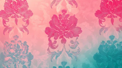 Ornate floral damask on gradient duotone digital ground.