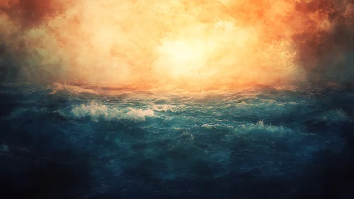 Sunlit stormy sea glowing beneath a burning sky.
