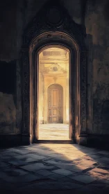 Baroque doorway sequence illuminated by warm axial backlight