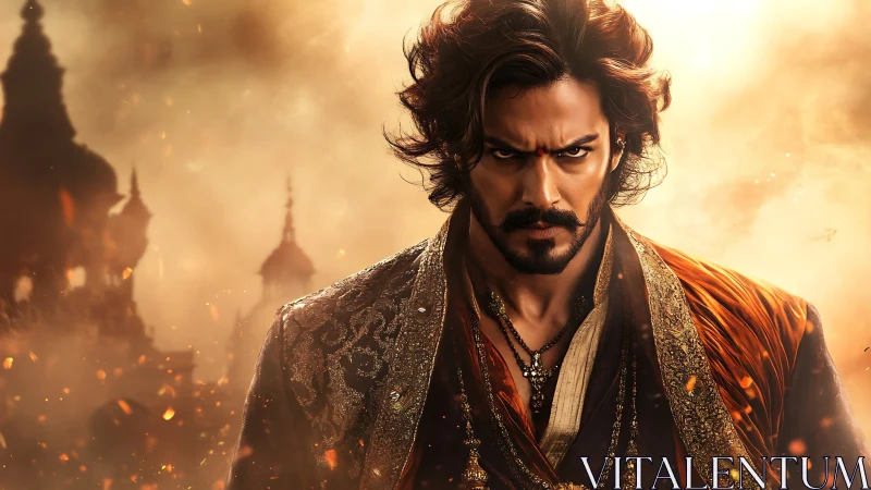 Firelit warrior prince strides through embers of a fallen realm.