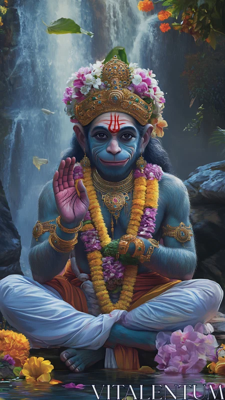 Serene blue deity offers gentle blessing beside cascading falls