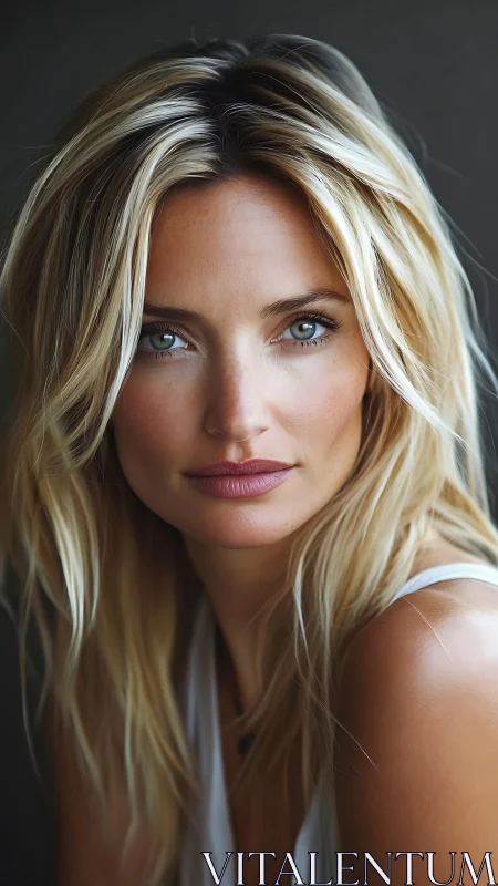 Calm portrait of blonde woman with direct gaze in soft light.