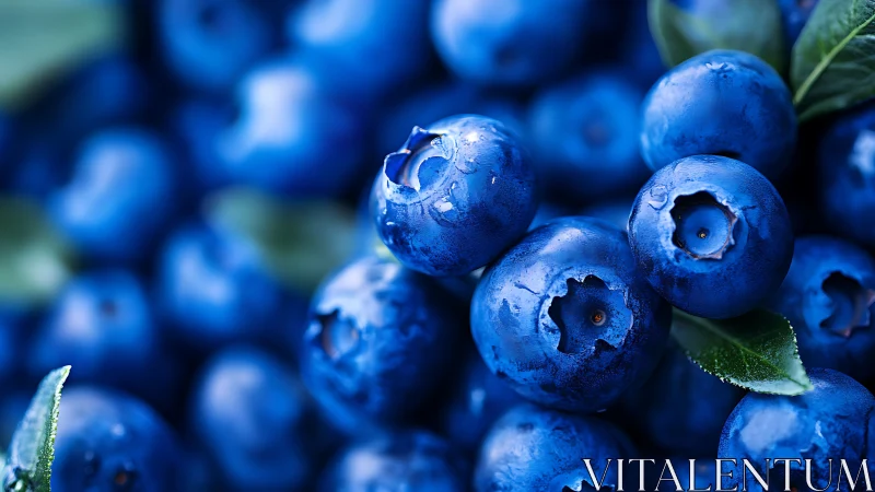 Macro closeup of ripe blueberries with dewy surface.