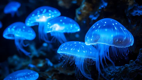 Gentle blue jellyfish drifting through a glowing ocean night.
