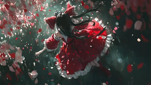 Crimson petals whirl as the ribboned girl drifts skyward