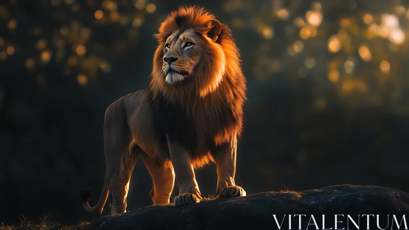 Lion stands on rock in warm directional backlighting