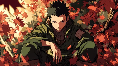 Serious anime soldier seated among red autumn leaves.