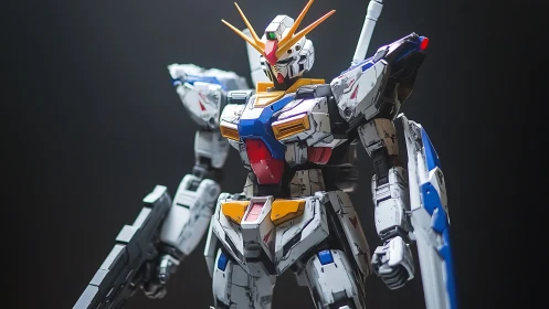 Photoreal mecha model with weathered armor detailing in studio.