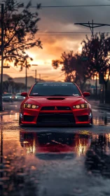 Bold red sports car glows against a rainy sunset street