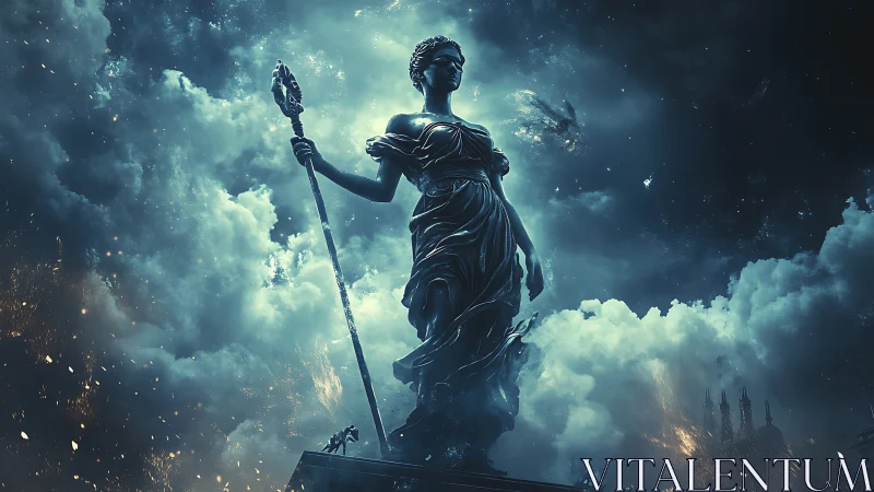 Majestic celestial goddess standing guard in stormy skies.