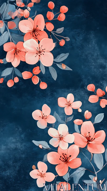 Coral Blossoms Against Deep Teal Background.