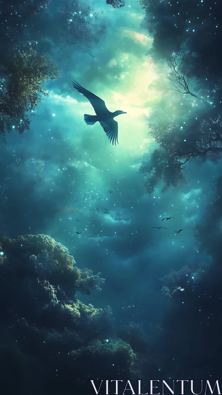 Silhouetted bird flying through glowing teal forest sky.