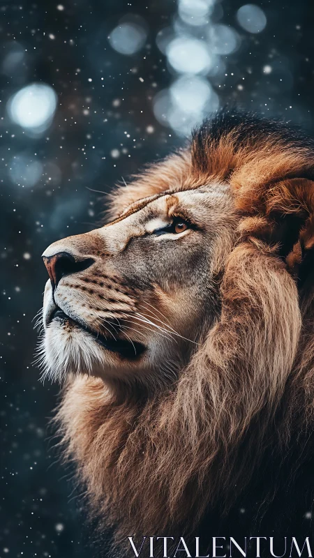 Photorealistic lion portrait in vertical bokeh composition.