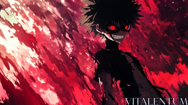 Demonic anime boy with glowing red eyes amid chaotic blood flare