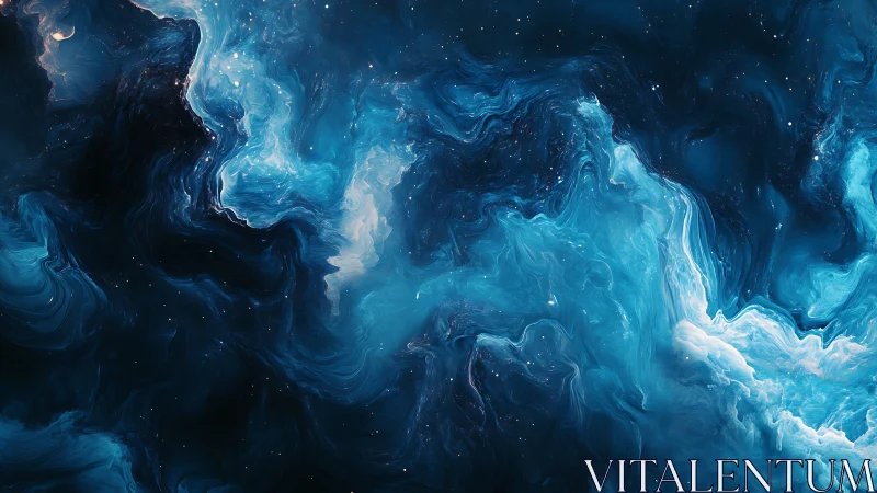 Deep blue cosmic nebula with swirling glowing clouds.