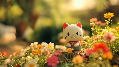 Lucky cat figurine in warm sunlit flower garden.