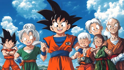 Joyful anime friends sharing a bright blue sky moment together.