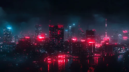 High-rise night skyline with red neon reflections over water.