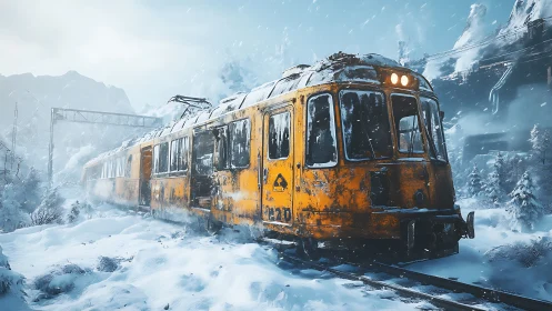 Yellow railcar stands in a snow-covered mountainous landscape